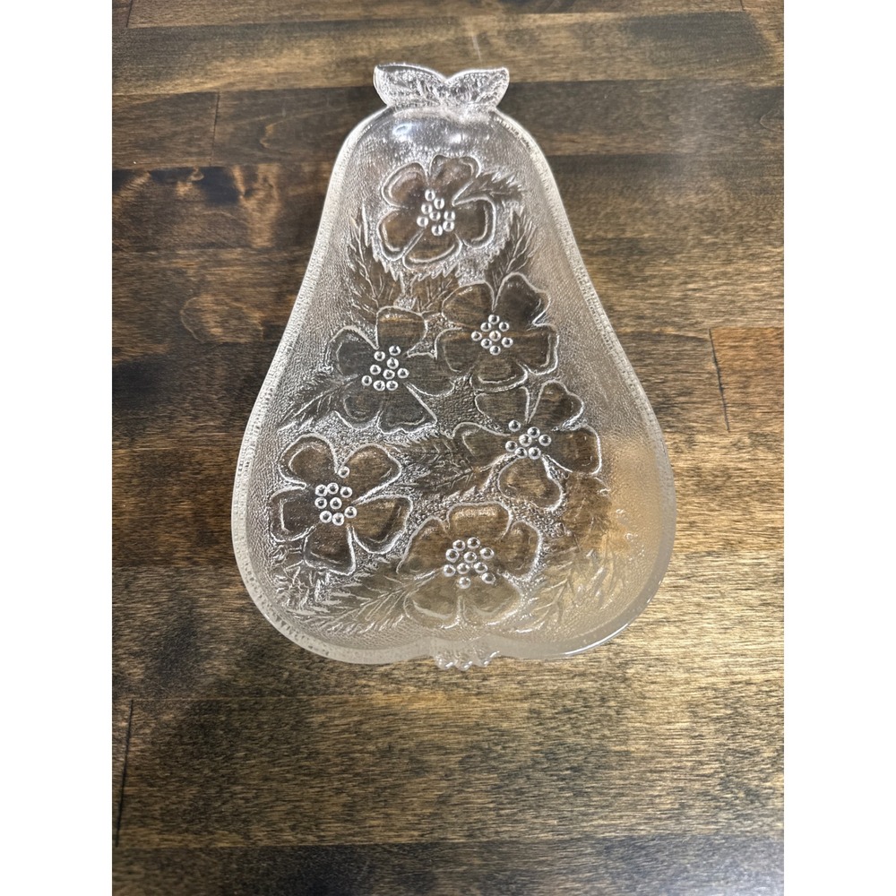 Vintage Hazel Atlas Clear Pressed Glass Pear Shaped Floral Trinket Dish